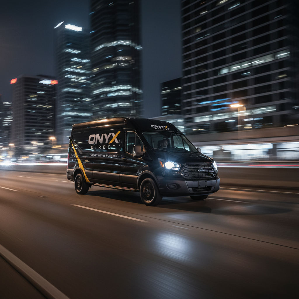 Onyx Direct black cargo van speeding through city at night